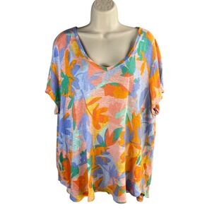Joie Linen Floral V Neck Short Sleeve Top Plus Size 2X Tropical Hawaiian Resort